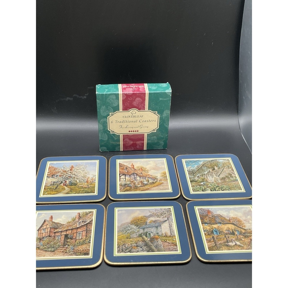 Vtg Cloverleaf Set Of Six Cottage Coasters With Box